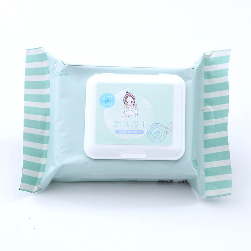 Box containing 25 pieces of facial eye and lip make-up remover wet wipes with spunlace non-woven cloth for one-time cleaning and make-up remover
