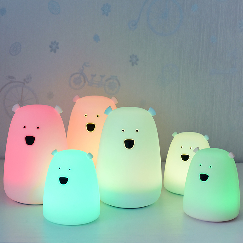 Seven-color big and small white bear silicone night light, cute and creative rechargeable battery, stress-relieving patting desk lamp, bedroom bedside mini Specification image