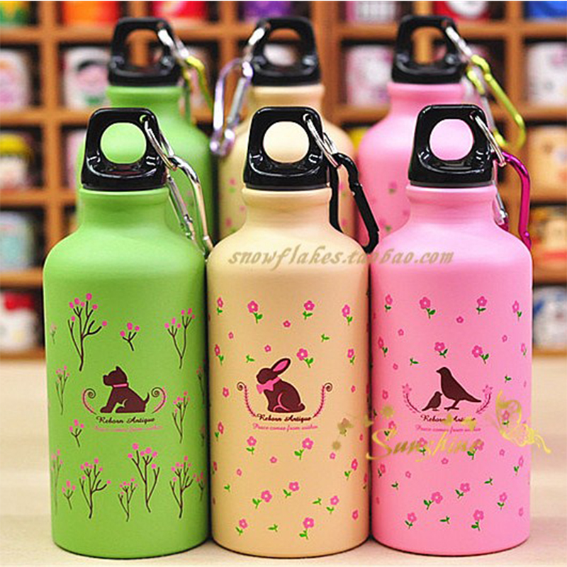 Factory direct sales: Pastoral floral prints, cute animals, car, national trend outdoor aluminum water bottles, mountain climbing buckle sports water bottles Application Scenario