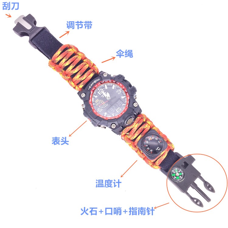 户外多功能温度计打火石求生手表 伞绳编织夜光防水手表链