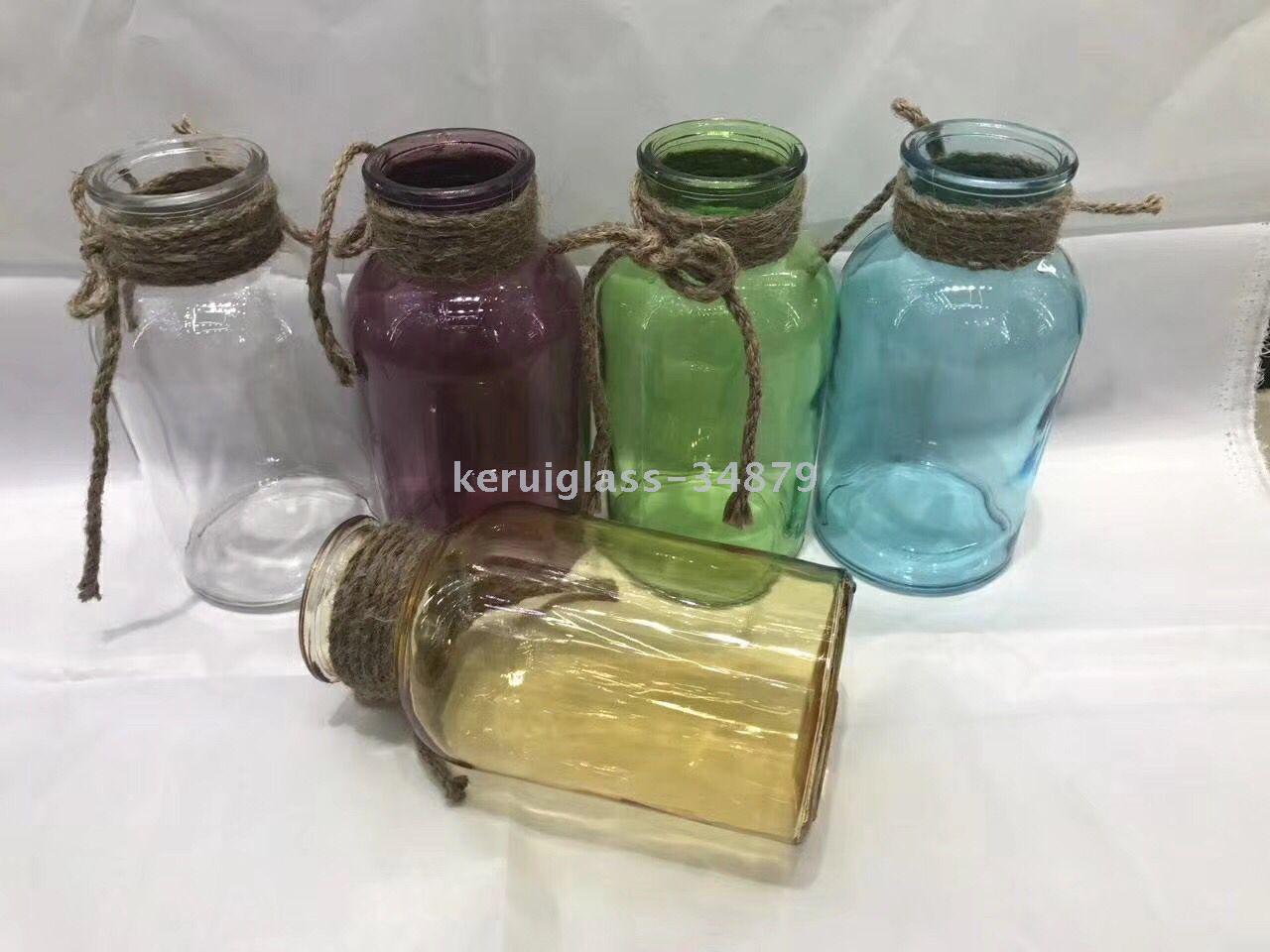 经典广口麻绳玻璃花瓶玫瑰花百合富贵竹康乃馨细节图