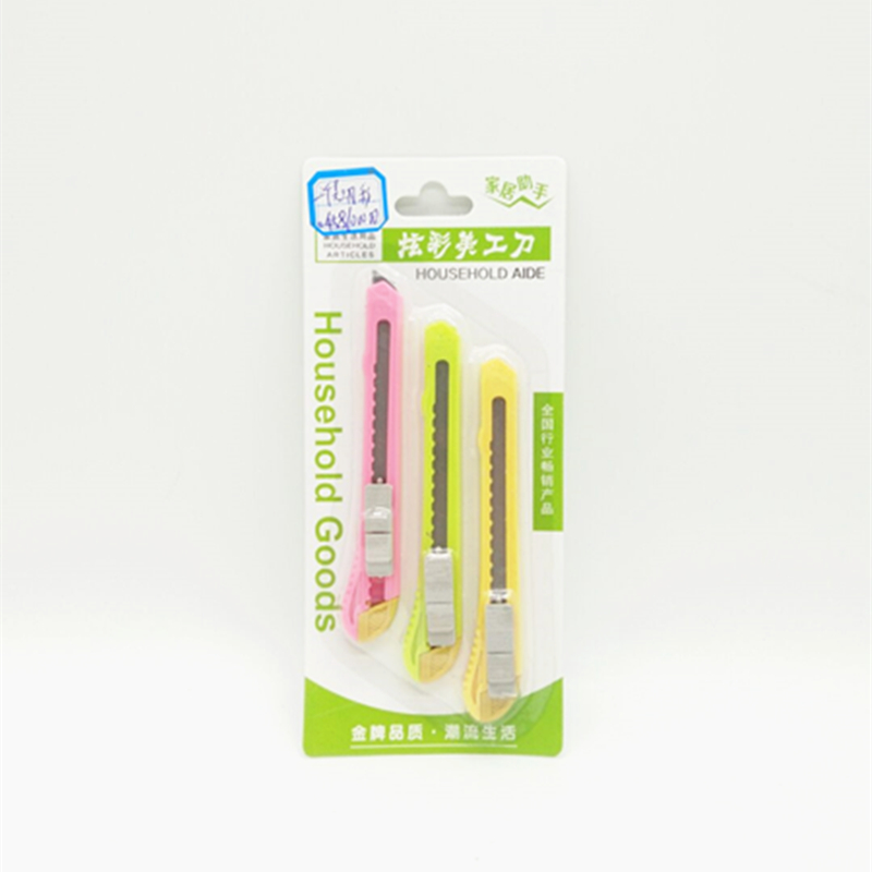 Three colored utility knives, mini colored utility knives, wallpaper knives and letter opening knives