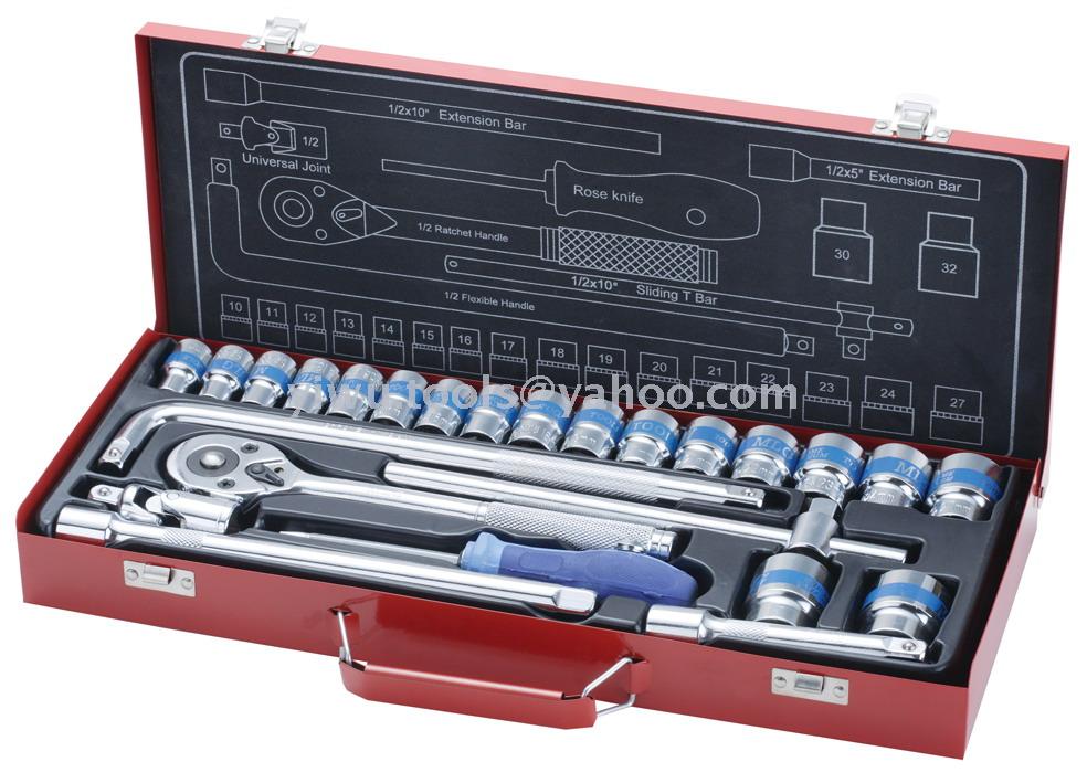 五金工具汽修工具套筒工具组套1/2"镜面蓝带螺丝刀款铁盒