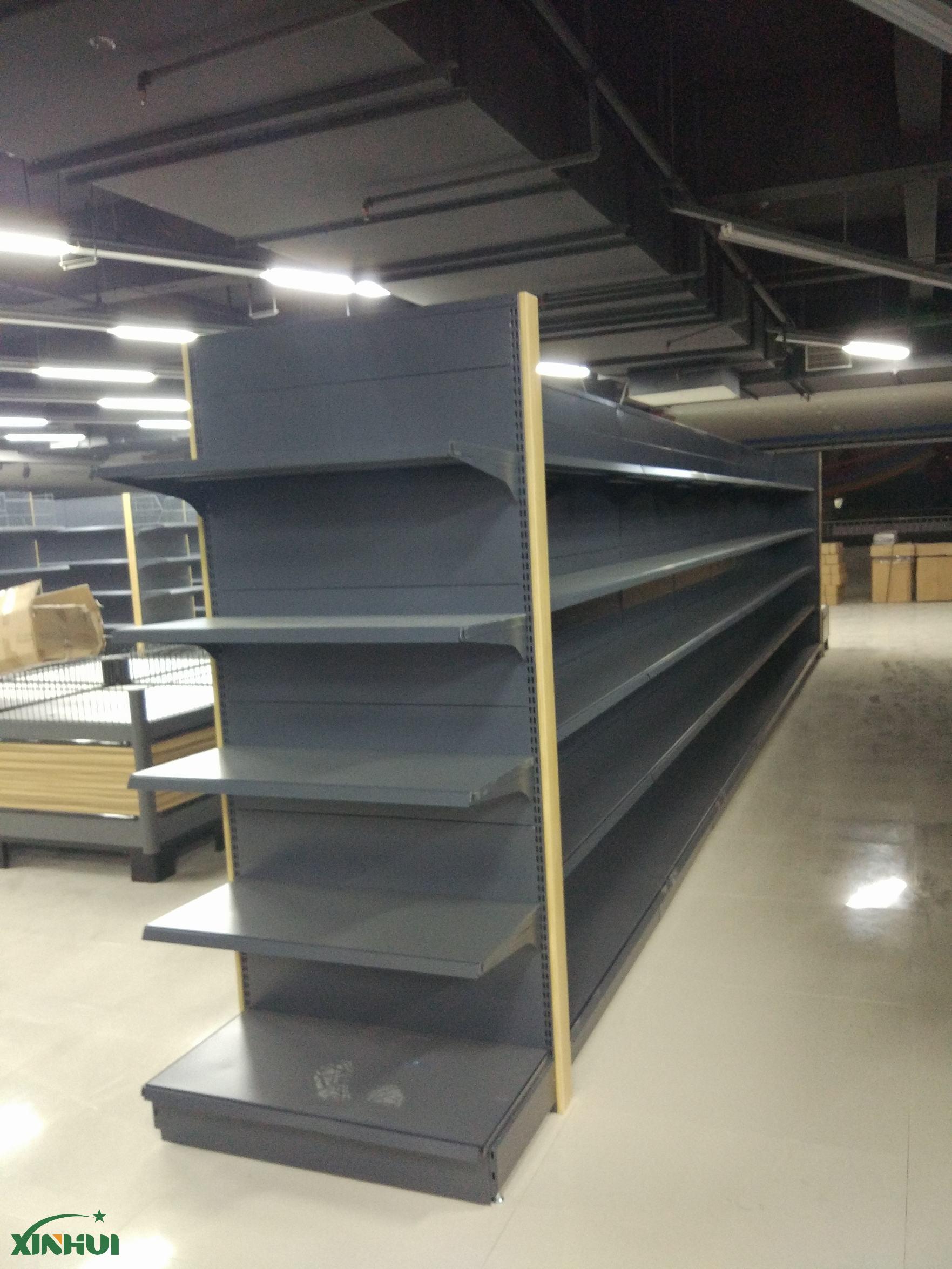 Steel and wood structure supermarket shelves wooden strip decoration shelves dark gray shelves new shelves