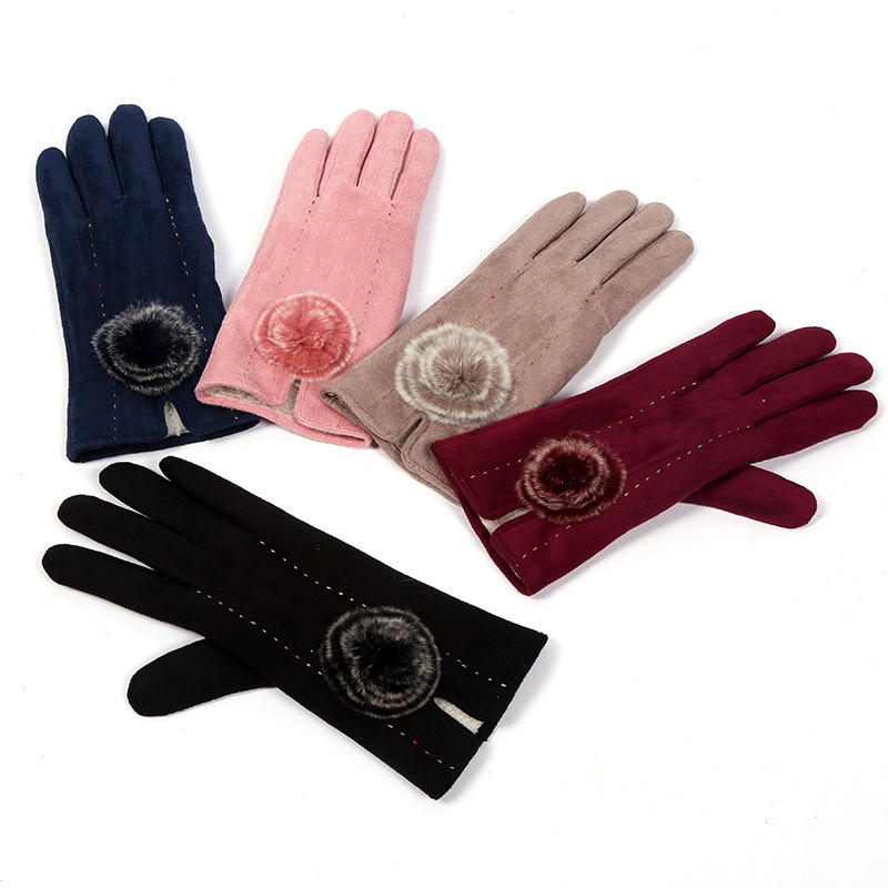 2017 New suede fashion warm gloves Winter outdoor hairball touch screen gloves Riding cotton thumbnail