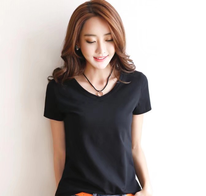 Short-sleeved T-shirt for women, new summer slim-fit cotton T-shirt for women, solid color round-neck top, versatile base layer details Picture