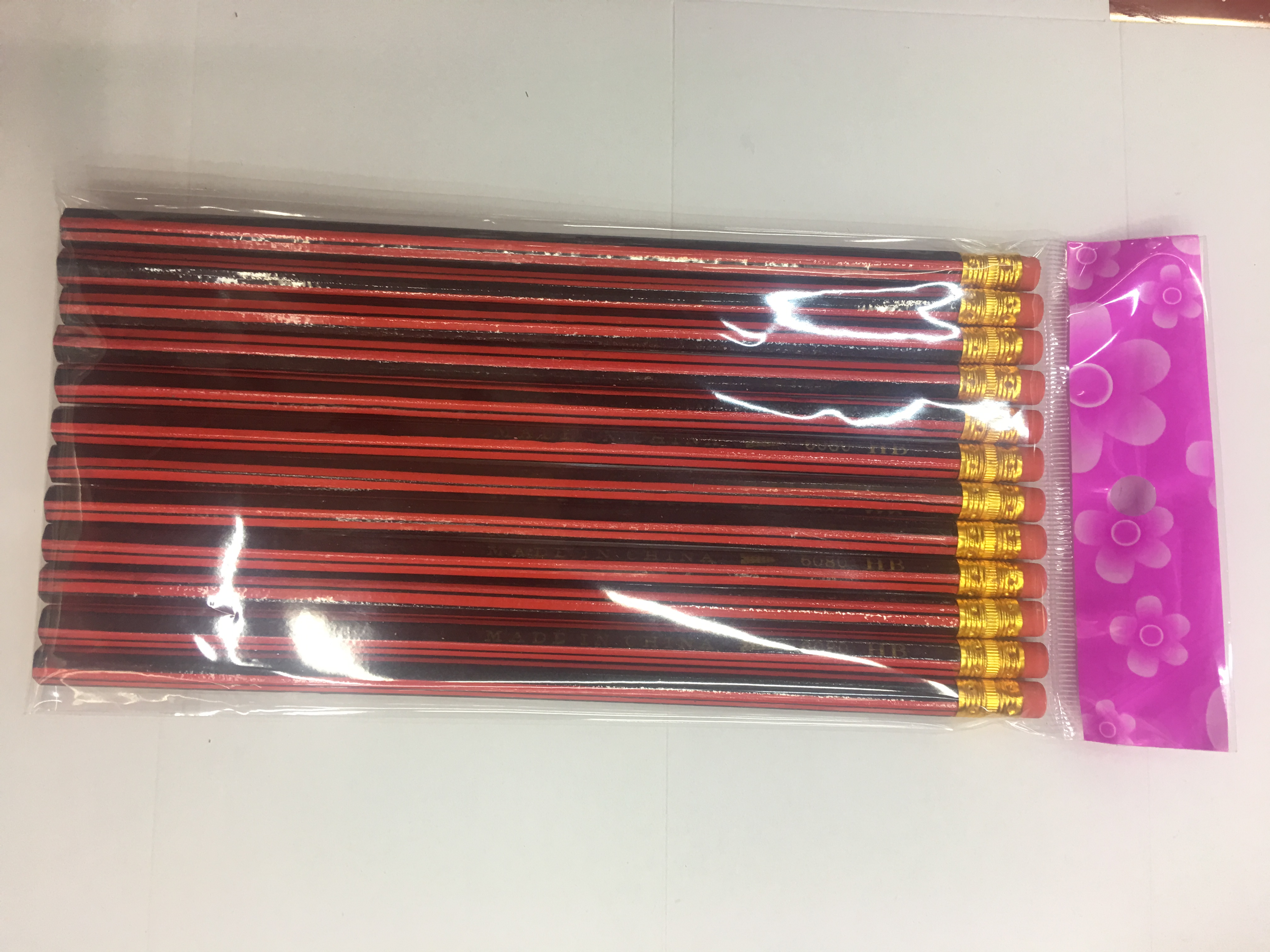 6080红抽条套膜铅笔，外贸热销，厂家直销12支OPP