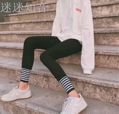 脚口字母螺纹拼接加厚纯棉打底裤女显瘦大码外穿小脚裤
