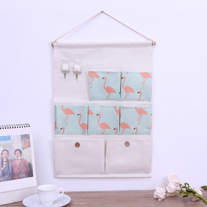 7兜双钩布艺收纳袋挂袋 棉麻卡通壁挂式储物兜