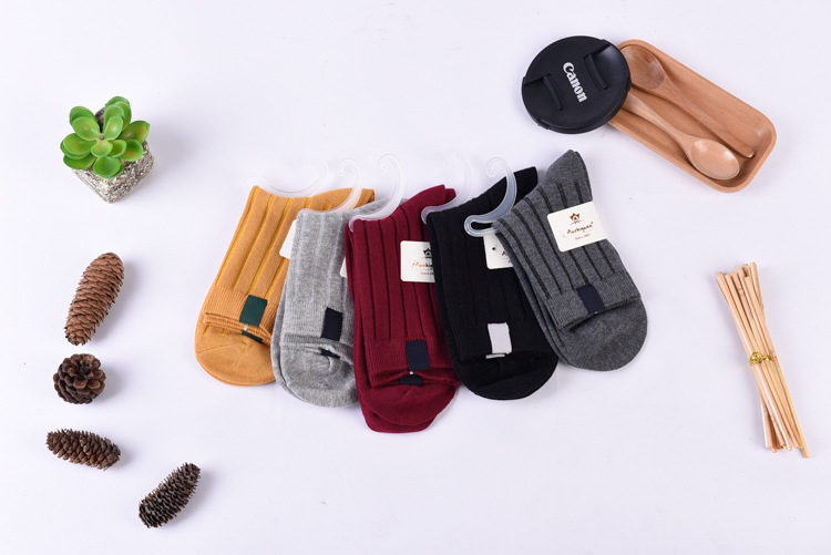 秋冬新品全棉中筒袜 日系复古粗线女袜 纯色定标双针袜