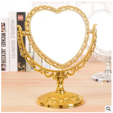 Double flat heart-shaped copper mirror, fashionable gold and silver countertop double-sided mirror, home makeup mirror, washbasin mirror, beauty tools Specification image