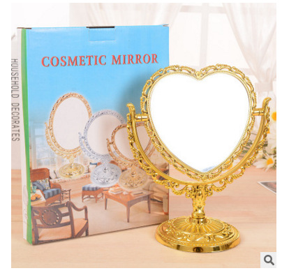 Double flat heart-shaped copper mirror, fashionable gold and silver countertop double-sided mirror, home makeup mirror, washbasin mirror, beauty tools details Picture