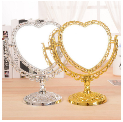 Double flat heart-shaped copper mirror, fashionable gold and silver countertop double-sided mirror, home makeup mirror, washbasin mirror, beauty tools