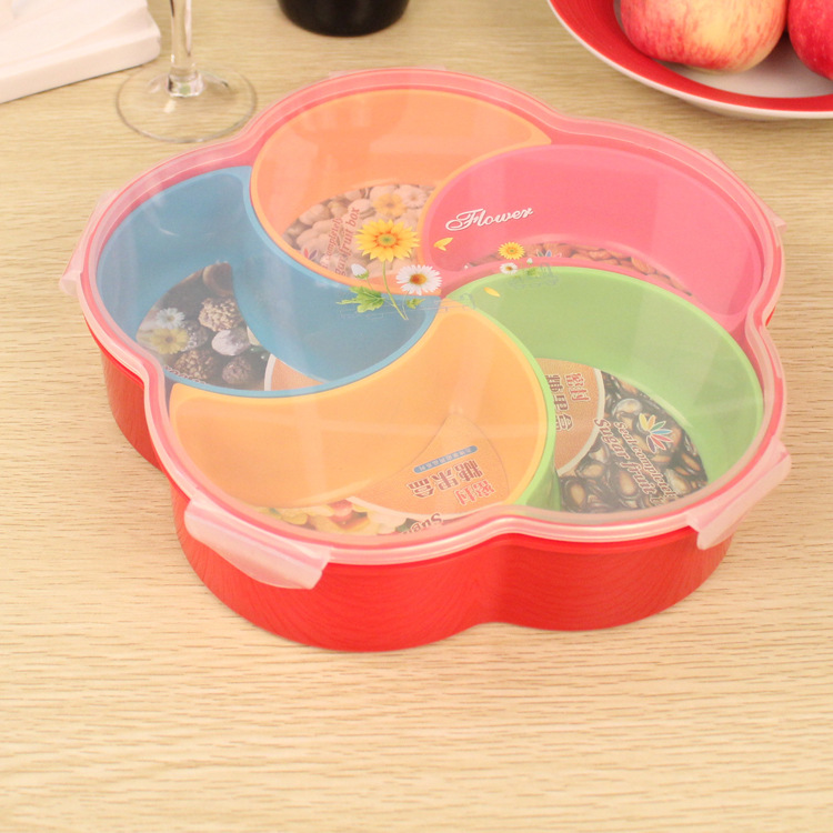 Fruit platters, dried fruit platters, candy boxes, plastic sealed compartments, fruit platters, snack platters, color 6-compartment fruit platters, candy boxes Application Scenario
