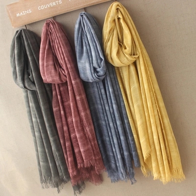 Soft pure cotton and linen scarf shawl dual-use long style tie-dye retro literary women's checked scarf spring and autumn winter versatile thumbnail