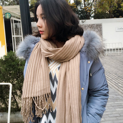 Solid-color cashmere pleated ruffle scarf female winter long tassel shawl dual-use Korean students thicker warm winter