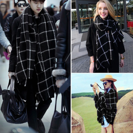 Autumn/Winter Student black and white plaid scarf double-sided versatile wool scarf for men and women