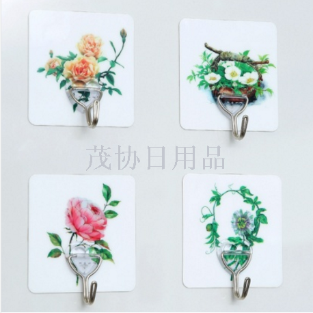Magic stainless stick hook waterproof household nail free super stainless-steel hook painted flower series