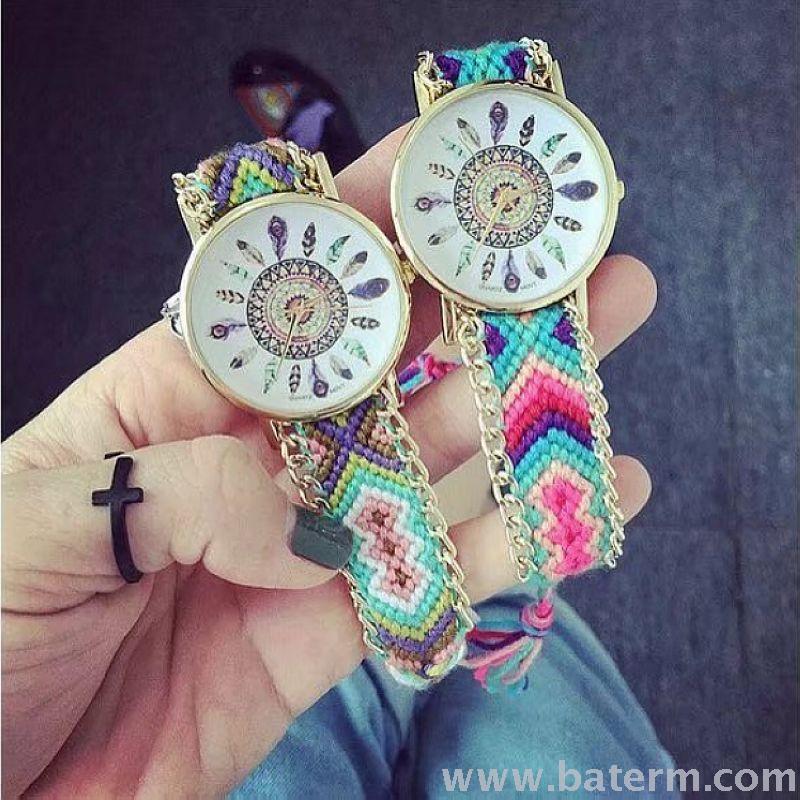 速卖通爆款民族风编织铁链毛线拉绳羽毛手链手表 友谊手链手表
