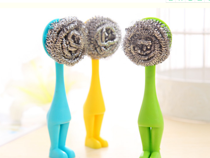 Wholesale upright small kitchen pot brush steel wool ball cleaning brush, with 2 steel wool balls for replacement details Picture