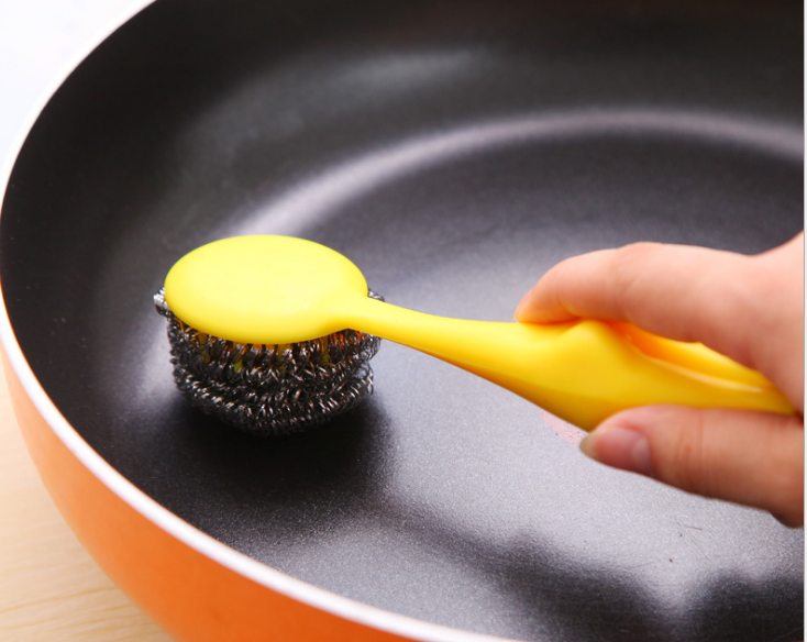 Wholesale upright small kitchen pot brush steel wool ball cleaning brush, with 2 steel wool balls for replacement Application Scenario