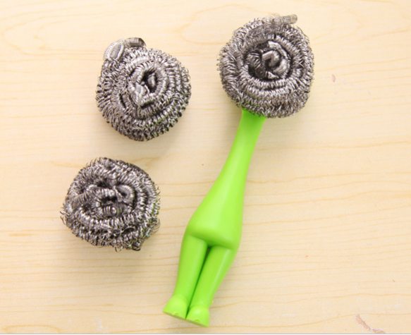 Wholesale upright small kitchen pot brush steel wool ball cleaning brush, with 2 steel wool balls for replacement