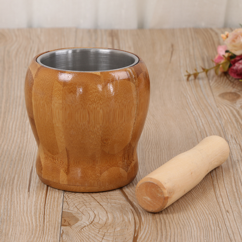 九川竹木 家用捣蒜缸蒜泥器 实木铁质内胆捣蒜罐产品图