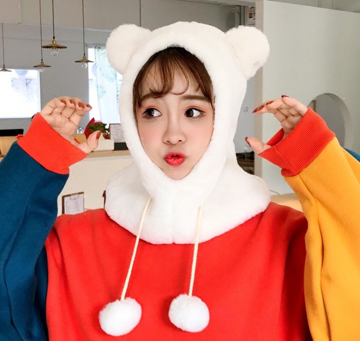 毛绒加厚帽子围巾一体亲子卖萌套头帽婴幼儿秋冬保暖围脖潮女