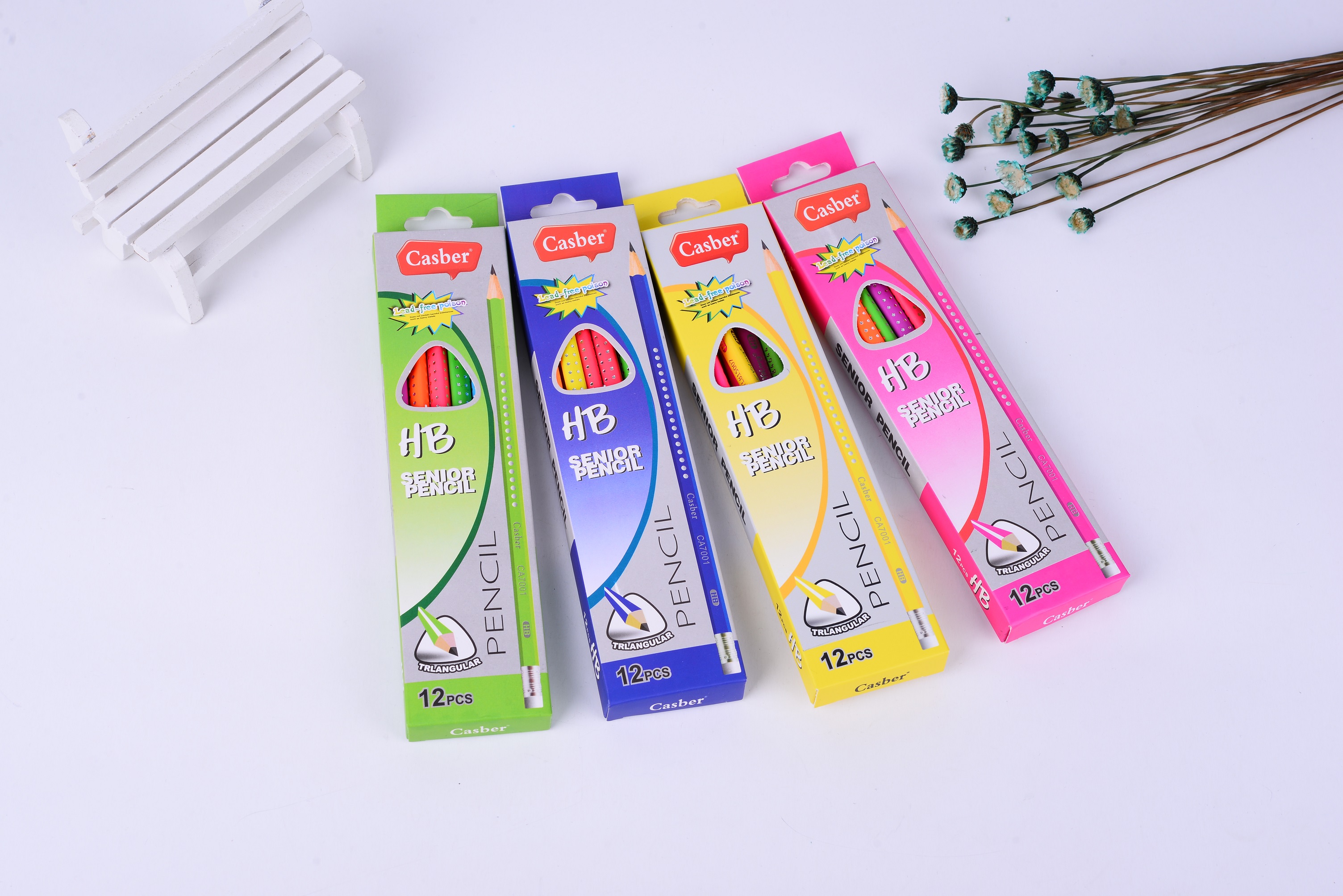12 fluorescent triangle pencils, HB pencils