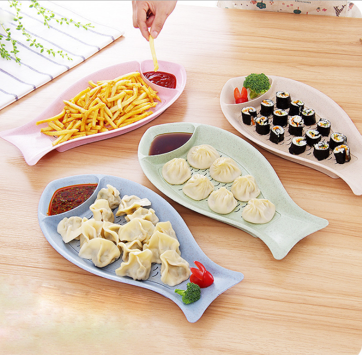 厂家直销 鱼型饺子盘 小麦秸秆饺子盘 双层可沥水水饺盘子餐产品图