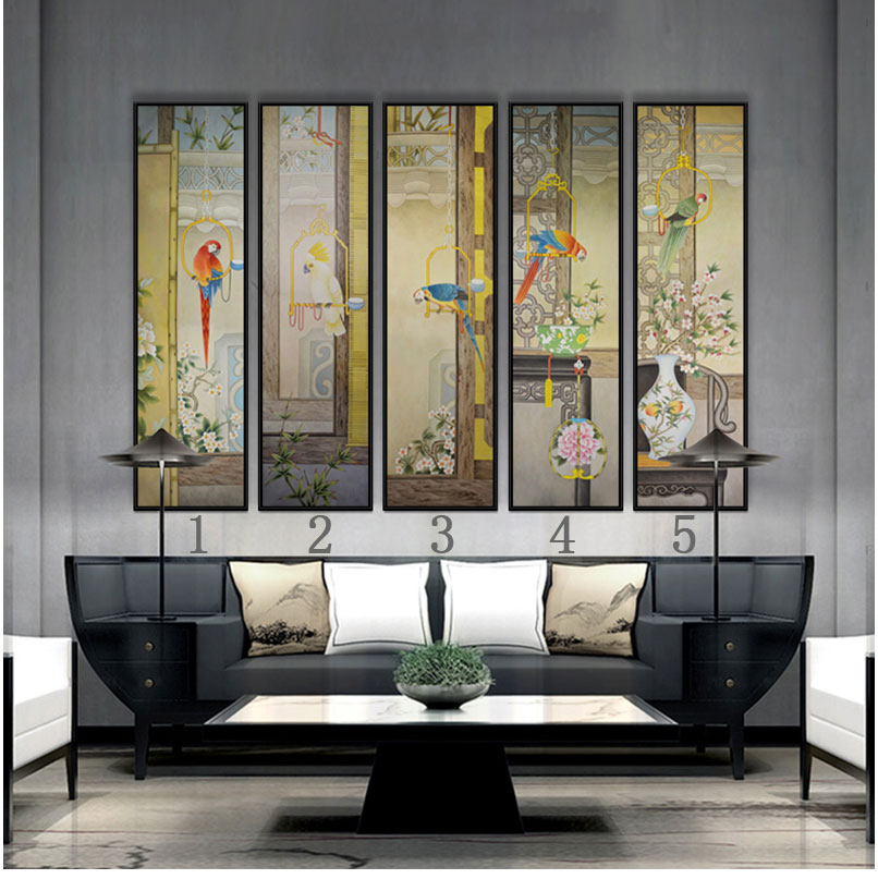 新中式沙发背景墙四联挂画国画禅意花鸟客厅卧室竖版有框装饰画
