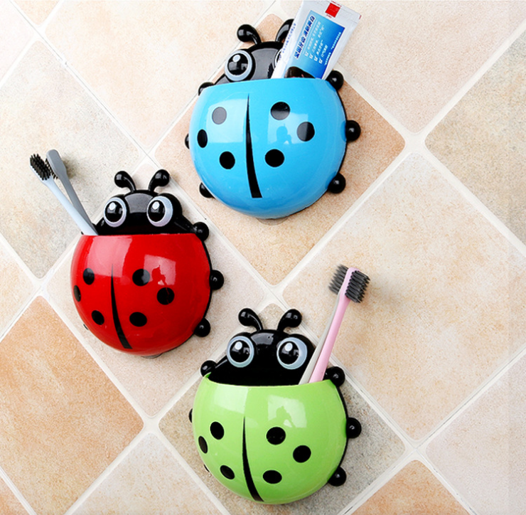 牙刷架吸壁式卡通可爱瓢虫浴室牙刷挂壁收纳架牙膏牙具座架子