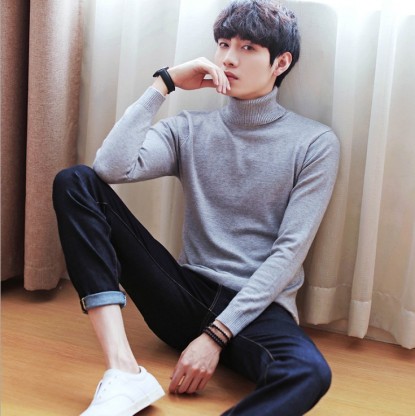 Men's sweater Solid color turtleneck pullover base shirt thin loose core yarn knitted shirt for men