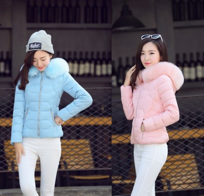 Down cotton-padded women's short slim-fit small cotton-padded winter women's hooded large fur collar coat