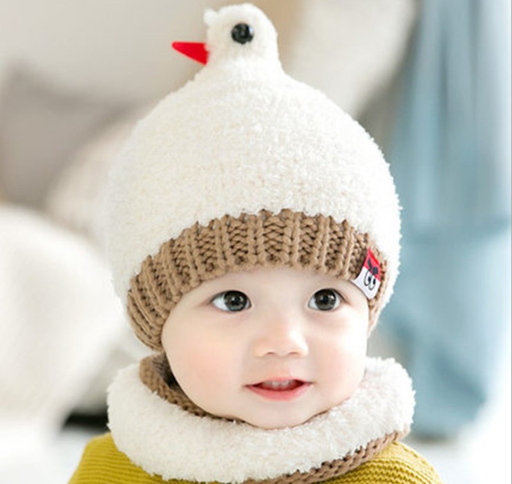 新生儿帽子男女宝宝毛绒帽子围脖套装新款卡通小鸡毛线产品图