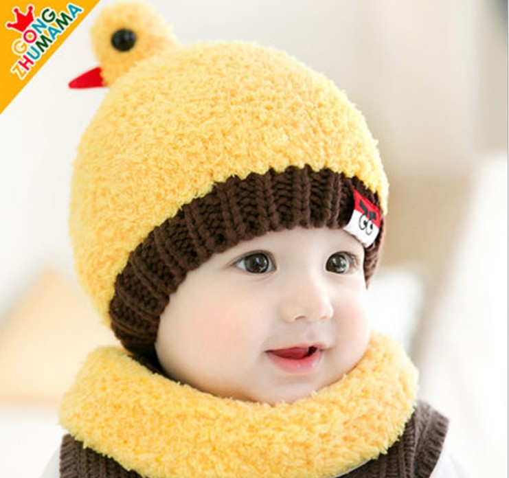 新生儿帽子男女宝宝毛绒帽子围脖套装新款卡通小鸡毛线
