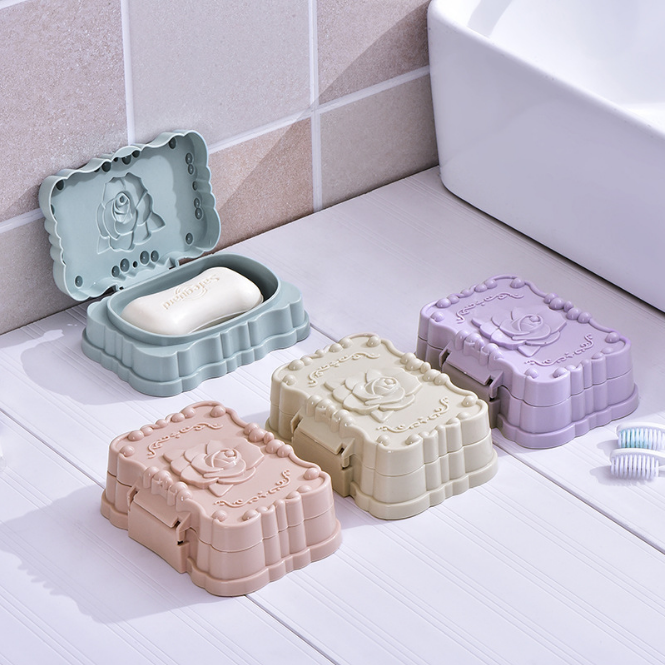 带盖防水玫瑰雕花香皂盒浴室沥水肥皂盒 简约大号旅行皂托肥皂盒