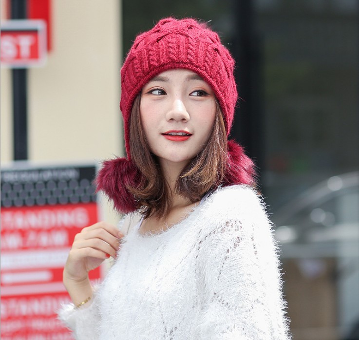帽子女冬百搭毛线帽子女士针织帽御寒兔毛帽子三球护耳保暖细节图