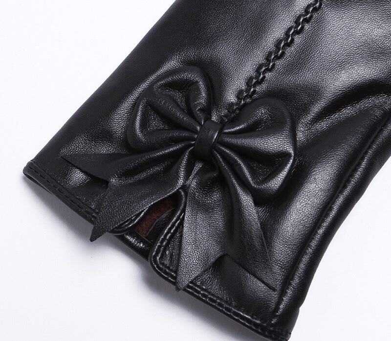 女士秋冬真皮加厚加绒蝴蝶结修手手套产品图