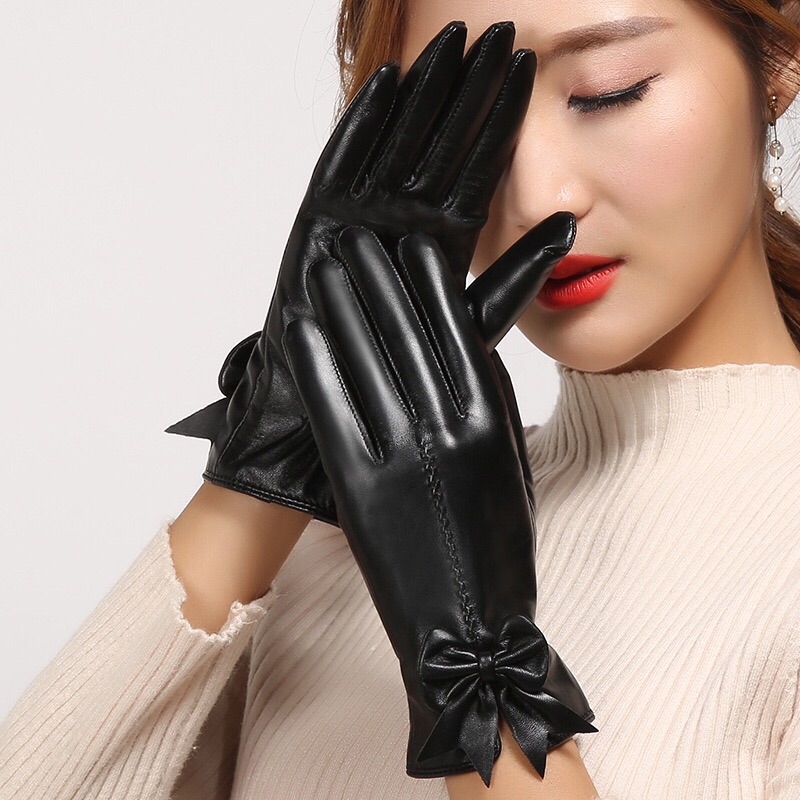 女士秋冬真皮加厚加绒蝴蝶结修手手套细节图