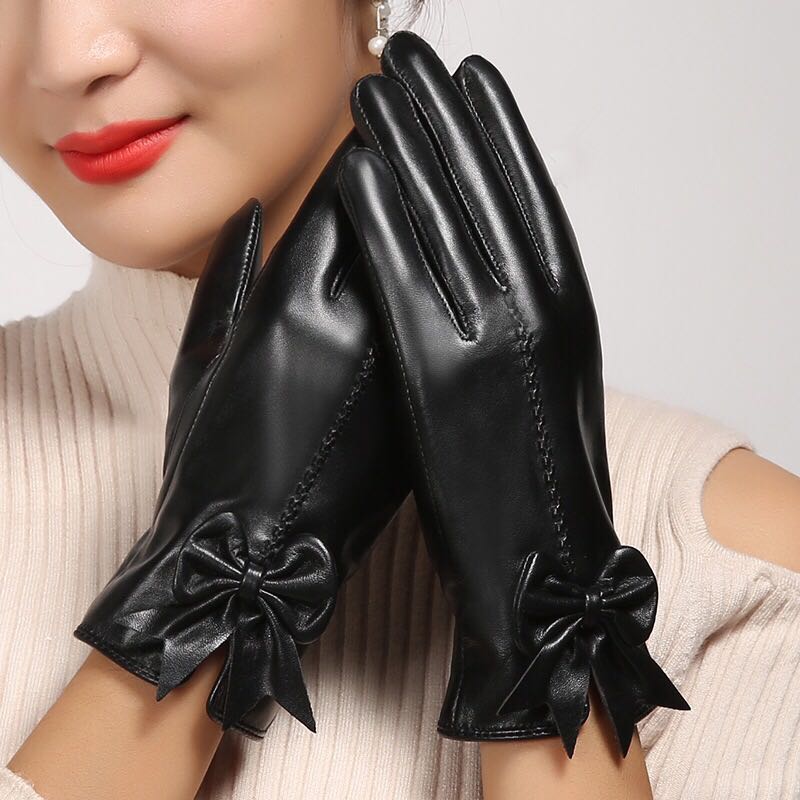 女士秋冬真皮加厚加绒蝴蝶结修手手套图