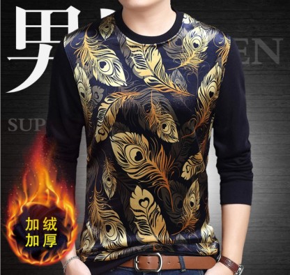 Men's youth fleece T-shirt Men's crewneck thick knit base feather warm T shirt