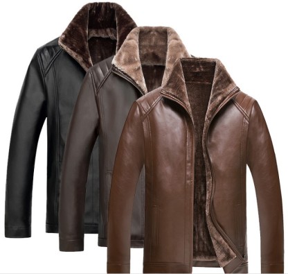 Men's fur one leather coat Men's middle-aged and elderly standing collar coat Casual jacket men's leather coat men's wear
