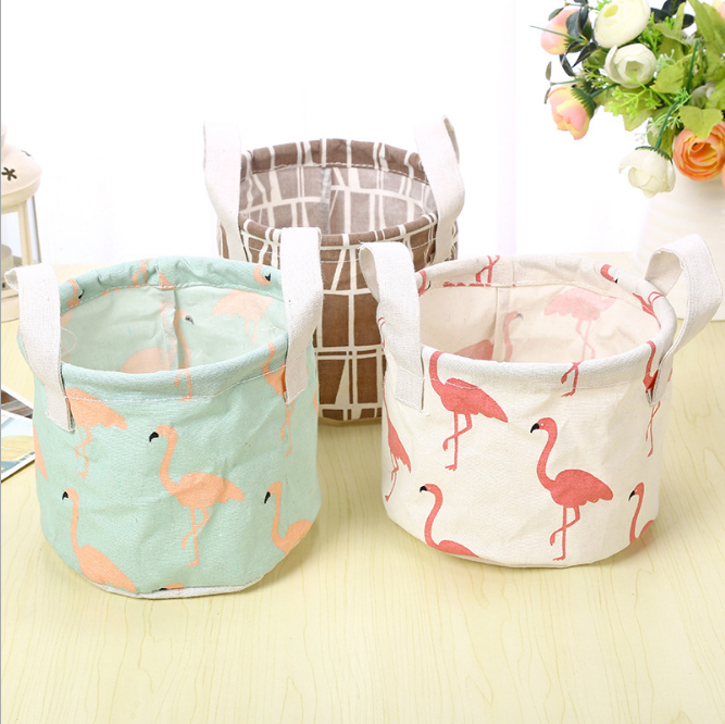 清新棉麻带提手桌面圆形杂物筐收纳盒 橱柜小衣物布艺收纳篮