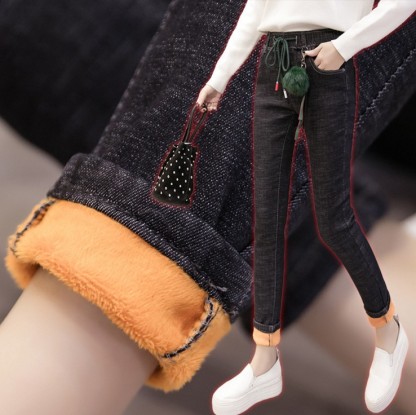 High-waisted black fleece jeans for women in winter and autumn, stretchy cotton thickened warm skinny pants details Picture