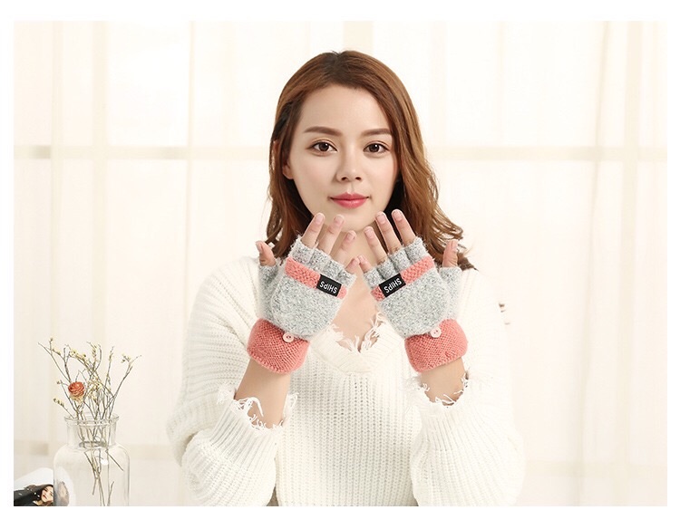 Cute Korean-style flip gloves with rabbit wool half-finger warmth for both men and women in autumn and winter, showing fingers