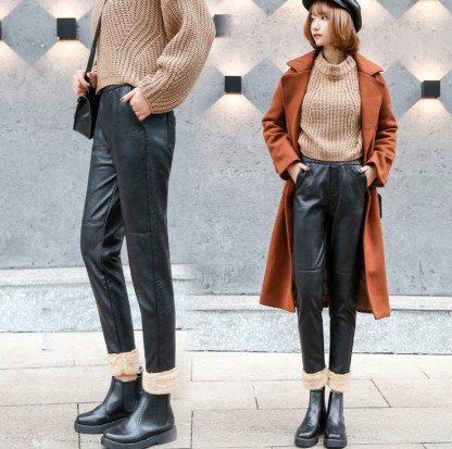 Add fleece and thickened lamb wool elastic waist pu leather pants women's nine-point pants casual pants women's pants