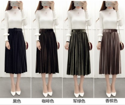 Golden velvet skirt high-waisted mid-length vintage pleated skirt