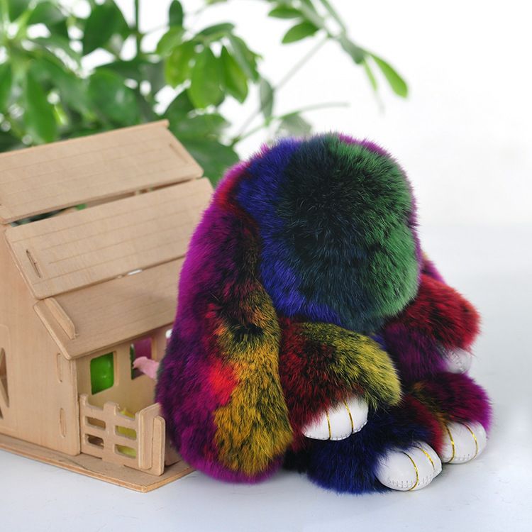 汽车饰品钥匙扣七彩萌萌兔配饰獭兔毛皮草装死兔包包挂件