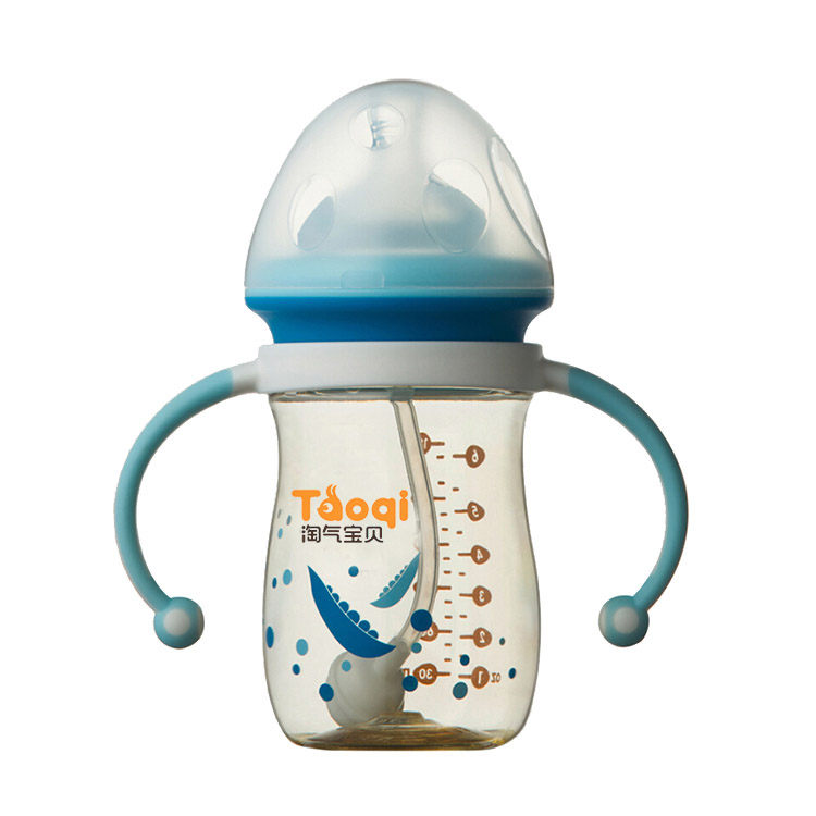 PPSU葫芦形宽口透明带手柄印花加蘑菇盖180ML奶瓶